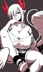 Rule 34 | 1girl, absurdres, blush, breasts, cleavage, commentary request, demon girl, demon wings, eyes visible through hair, fur trim, grey background, grin, hand up, highres, horns, huge breasts, long hair, looking at viewer, lorem (mazohaha), low wings, musuko ga kawaikute shikatanai mazoku no hahaoya, no socks, off shoulder, one eye closed, parted lips, pointy ears, red eyes, sandals, shirt, short shorts, shorts, simple background, sitting, slit pupils, smile, solo, tail, wings, zyugoya