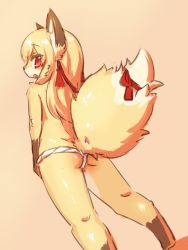 Rule 34 | 1girl, animal ears, ass, blonde hair, copyright request, dutch angle, fox, fox ears, fox tail, from behind, fundoshi, furry, furry female, japanese clothes, long hair, looking at viewer, looking back, ohakotome, petite, profile, red eyes, simple background, solo, standing, tail