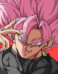 Rule 34 | 1boy, black eyeshadow, black shirt, black undershirt, commentary request, dougi, dragon ball, dragon ball super, earrings, eyeshadow, glowing, goku black, grin, highres, jewelry, looking at viewer, makeup, male focus, muscular, muscular male, pink eyes, pink hair, potara earrings, red background, rin, ring, shirt, simple background, smile, solo, spiked hair, super saiyan, super saiyan rose, tarosi, taut clothes, taut shirt, thick eyebrows, v-shaped eyebrows
