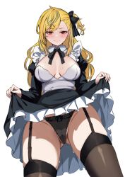 Rule 34 | 1girl, absurdres, alternate costume, black bow, blonde hair, blush, bow, breasts, clothes lift, dress, elds, hair bow, highres, hololive, hololive indonesia, kaela kovalskia, long hair, looking at viewer, maid, medium breasts, panties, red eyes, side ponytail, skirt, skirt lift, solo, thigh strap, thighhighs, underwear, virtual youtuber