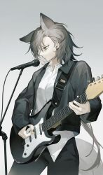Rule 34 | 1girl, akechi (826988799), alternate costume, animal ears, arknights, black jacket, black pants, commentary request, cowboy shot, electric guitar, grey background, grey eyes, grey hair, guitar, highres, holding, holding instrument, instrument, jacket, long hair, long sleeves, microphone, microphone stand, music, pants, penance (arknights), playing instrument, plectrum, shirt, simple background, solo, standing, very long hair, white shirt, wolf ears