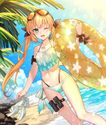 Rule 34 | 1girl, arm strap, artoria caster (fate), artoria pendragon (fate), bare shoulders, beach, bikini, blonde hair, blue bikini, blue sky, blush, breasts, collarbone, fate/grand order, fate (series), goggles, goggles on head, green eyes, hair ribbon, highleg, highleg bikini, highres, innertube, jewelry, kuroaki, long hair, looking at viewer, multi-strapped bikini, navel, necklace, one eye closed, open mouth, palm tree, pouch, ribbon, sandals, shore, sky, small breasts, smile, solo, swim ring, swimsuit, thigh strap, thighs, tree, twintails