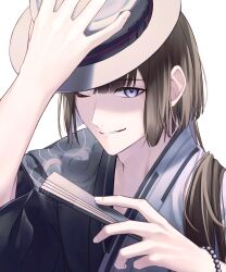 Rule 34 | 1boy, alternate costume, black hair, curtained hair, fate/grand order, fate (series), fedora, hand fan, hat, highres, holding, japanese clothes, kimono, long hair, long sleeves, looking at viewer, male focus, one eye closed, paper fan, purple eyes, sakuraike, simple background, smile, solo, tai gong wang (fate), white background