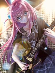 Rule 34 | 1girl, absurdres, black shirt, blue eyes, bocchi the rock!, collarbone, cube hair ornament, dutch angle, electric guitar, eyes visible through hair, gotoh hitori, guitar, hair ornament, hair over eyes, highres, holding, holding plectrum, instrument, koya toofu, lens flare, looking down, music, one side up, pink hair, playing instrument, plectrum, shirt, short sleeves, skirt, solo, sound wave, sweat, t-shirt, teeth