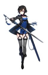 Rule 34 | 1girl, absurdres, bai winchester, black footwear, black gloves, black hair, black jacket, blue dress, blue ribbon, boots, braid, breasts, closers, dress, full body, gloves, grey thighhighs, hair between eyes, hair ribbon, heterochromia, highres, holding, holding sheath, holding sword, holding weapon, jacket, long hair, looking at viewer, low-tied long hair, medium breasts, official art, open clothes, open jacket, pink eyes, ponytail, purple eyes, ribbon, sheath, short dress, simple background, single braid, solo, standing, sword, thigh strap, thighhighs, very long hair, weapon, white background