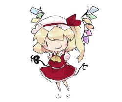 Rule 34 | 1girl, arms behind back, blonde hair, chibi, flandre scarlet, full body, hat, hat ribbon, laevatein (touhou), long hair, looking at viewer, mob cap, multicolored wings, negi (kyouki-beya), one side up, puffy short sleeves, puffy sleeves, red ribbon, red skirt, red vest, ribbon, shirt, short sleeves, skirt, solid oval eyes, solo, touhou, vest, white hat, white shirt, wings