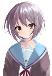Rule 34 | 1girl, :o, blue sailor collar, brown cardigan, brown eyes, cardigan, collarbone, commentary, hair between eyes, highres, kimisoraame, kita high school uniform, looking at viewer, nagato yuki, open cardigan, open clothes, open mouth, purple hair, red ribbon, ribbon, sailor collar, school uniform, serafuku, short hair, simple background, solo, suzumiya haruhi no yuuutsu, upper body, white background