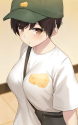 Rule 34 | 1girl, bag, between breasts, blush, breasts, brown eyes, brown hair, cccpo, cheese, commentary request, food, green headwear, highres, large breasts, looking at viewer, original, pixie cut, shirt, short hair, short sleeves, solo, strap between breasts, tomboy, white shirt