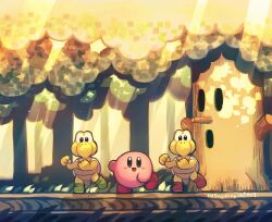 Rule 34 | :d, forest, full body, grass, green footwear, highres, kirby, kirby (series), koopa troopa, light rays, looking at viewer, mario (series), nature, new super mario bros. wii, nintendo, no humans, open mouth, outdoors, red footwear, smile, standing, standing on one leg, suyasuyabi, tree, whispy woods