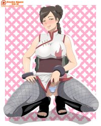Rule 34 | 1girl, bare shoulders, breasts, brown eyes, brown hair, highres, large breasts, naruto, naruto (series), naruto shippuuden, pussy, smile, solo, squatting, studio oppai, tenten (naruto), tongue, tongue out