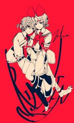 Rule 34 | 1boy, 1girl, 3kuma, black eyes, bow, character name, commentary, detached sleeves, expressionless, full body, greyscale with colored background, hair bow, heads together, high contrast, highres, kagamine len, kagamine rin, looking at viewer, monochrome, neckerchief, necktie, paw print, red background, red bow, red neckerchief, red theme, sailor collar, short hair, short ponytail, shorts, vocaloid