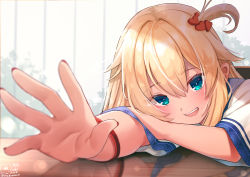 Rule 34 | 1girl, :d, akai haato, akai haato (1st costume), aqua eyes, blonde hair, blurry, blurry foreground, blush, commentary request, depth of field, eyes visible through hair, foreshortening, hair between eyes, hair ornament, heart, heart hair ornament, highres, hololive, indoors, long hair, looking at viewer, lying, magowasabi, nail polish, one side up, open mouth, outstretched arm, red nails, shirt, short sleeves, signature, smile, solo, teeth, twintails, upper body, upper teeth only, virtual youtuber, white shirt, wristband