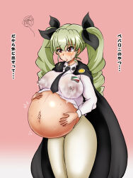 Rule 34 | 1girl, anchovy (girls und panzer), anzio school uniform, blush, cape, covered erect nipples, drill hair, girls und panzer, green hair, hands on own stomach, highres, keiroku, lactation, lactation through clothes, navel, pantyhose, pregnant, red eyes, solo, sweat, twintails