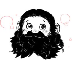 Rule 34 | 1boy, alternate species, beard, blush, dot 8o, dungeon meshi, facial hair, hair slicked back, halfling, korean commentary, large ears, long beard, long hair, looking at viewer, male focus, monochrome, mustache, nose blush, portrait, senshi (dungeon meshi), simple background, solo