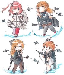 Rule 34 | 4girls, aircraft, black jacket, black necktie, black pantyhose, black skirt, blonde hair, blue necktie, breast pocket, brown hair, brown thighhighs, closed mouth, dress, flight deck, gun, highres, holding, holding gun, holding weapon, hornet (kancolle), intrepid (kancolle), jacket, kantai collection, long sleeves, multiple girls, necktie, open mouth, pantyhose, parted lips, pencil skirt, pocket, poipoi purin, ponytail, ranger (kancolle), red hair, red thighhighs, rigging, saratoga (kancolle), short sleeves, skirt, thighhighs, water, weapon