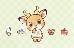 Rule 34 | 1boy, animal crossing, animal ears, apple, artist name, ayu (mog), barefoot, beau (animal crossing), blue eyes, blush, bottomless, bug, butterfly, closed mouth, deer ears, fish, food, fruit, full body, furry, furry male, green background, hand up, happy, head tilt, horns, bug, light blush, looking at viewer, male focus, nintendo, outline, plaid, plaid background, shirt, signature, simple background, sleeveless, sleeveless shirt, smile, solo, squid, standing, straight-on, tail, white outline