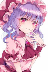 Rule 34 | 1girl, ascot, blush, bow, breasts, brooch, closed mouth, dress, hand to own mouth, hat, hat bow, jaku sono, jewelry, long hair, mob cap, pink dress, pink eyes, pink hat, puffy short sleeves, puffy sleeves, purple hair, red ascot, red bow, remilia scarlet, short sleeves, simple background, small breasts, smile, solo, touhou, upper body, wavy hair, white background, wrist cuffs