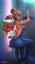 Rule 34 | 1girl, 1other, absurdres, alien, ass, back, blonde hair, blue bodysuit, blue eyes, bodysuit, breasts, cleavage, commentary, danderfull, english commentary, folded ponytail, from behind, full body, highres, holding, holding sponge, large breasts, metroid, metroid (creature), nintendo, no bra, parted lips, partially undressed, samus aran, shower (place), showering, sideboob, sitting, smile, soap, soap bubbles, solo focus, sponge, stool, unzipped, washing another, washing back, zero suit
