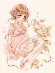 Rule 34 | 1girl, brown eyes, brown hair, choker, dress, flower, frills, full body, gem, kneehighs, petals, reala (tales), ribbon, rose, rose petals, shoes, short hair, socks, solo, tales of (series), tales of destiny 2, thighhighs, traditional media, white background, white flower, white rose, white socks, yukishiro (hitsuji)