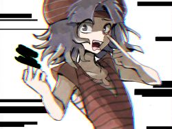 Rule 34 | 1other, akanbe, androgynous, blue eyes, blue hair, chromatic aberration, commentary request, eyelid pull, hat, hemo (hemoroda), len&#039;en, medium hair, middle finger, parted bangs, pink tank top, red hat, see-through, senri haiji, shirt, simple background, solo, striped clothes, striped shirt, tank top, tongue, tongue out, upper body, wide-eyed