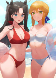 Rule 34 | 2girls, absurdres, ahoge, artoria pendragon (all), artoria pendragon (fate), bare shoulders, beach, bikini, black hair, blonde hair, blue eyes, blush, breasts, cleavage, collarbone, cowboy shot, fate/stay night, fate (series), green eyes, hair ornament, highres, innertube, large breasts, long hair, looking at viewer, multiple girls, navel, outdoors, parted bangs, parted lips, red bikini, rororo, saber (fate), see-through, smile, swim ring, swimsuit, thighs, tohsaka rin, twintails, water, white bikini