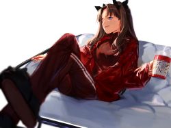 Rule 34 | black hair, blue eyes, coffee, coffee cup, coffee mug, couch, cup, disposable cup, fate/stay night, fate (series), highres, jacket, long hair, long legs, long sleeves, mug, one eye closed, red jacket, slippers, solo, tohsaka rin, twintails, two side up, ubwmitekure, white background