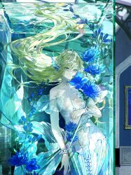Rule 34 | 1girl, arch, blue flower, dogwood (flower), dress, fins, fish tail, floating hair, flower, frilled dress, frills, fuzichoco, glass ceiling, green hair, head fins, highres, holding, holding flower, indoors, long hair, mermaid, monster girl, original, picture frame, plant, plunging neckline, restraints, scales, solo, swept bangs, tail, underwater, very long hair, water tank, white dress, wrist cuffs