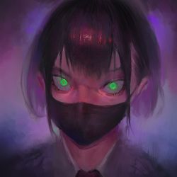 Rule 34 | 1girl, black hair, collared shirt, covered mouth, eyelashes, godekasu, green eyes, grey shirt, highres, limited palette, looking at viewer, mask, mouth mask, necktie, original, portrait, purple background, red necktie, shirt, short hair, solo, wide-eyed, wing collar