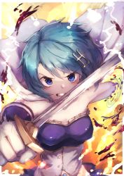 Rule 34 | &gt;:(, 1girl, absurdres, amputee, blood, blue eyes, blue hair, cape, clenched teeth, commentary request, fighting stance, fortissimo, glaring, hair ornament, highres, holding, holding sword, holding weapon, injury, magia record: mahou shoujo madoka magica gaiden, mahou shoujo madoka magica, miki sayaka, musical note, musical note hair ornament, orange background, shiburingaru, short hair, solo, strapless, sword, teeth, upper body, weapon, white cape