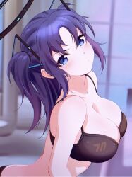 Rule 34 | 1girl, bikini, black bikini, blue archive, blush, breasts, cleavage, closed mouth, collarbone, halo, highres, large breasts, long hair, looking at viewer, mechanical halo, mtoan, purple eyes, purple hair, solo, swimsuit, two side up, upper body, yuuka (blue archive)