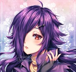 Rule 34 | 1girl, ahoge, black gloves, blush, close-up, commission, fingerless gloves, gloves, hair ornament, hair over one eye, hairclip, highres, looking at viewer, parted lips, purple hair, red eyes, sasucchi95, solo, upper body