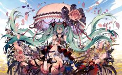 Rule 34 | 1girl, barefoot, blush, day, detached sleeves, closed eyes, floating hair, flower, green hair, hatsune miku, highres, long hair, necktie, open mouth, parasol, petals, sitting, sky, solo, tsukioka tsukiho, twintails, umbrella, very long hair, vocaloid