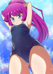 Rule 34 | 1girl, armpits, arms up, blue eyes, blush, closed mouth, cloud, covered navel, from below, gluteal fold, highres, kirishima romin, laika (pixiv), long hair, ponytail, purple hair, school swimsuit, signature, sky, solo, swimsuit, thighs, yu-gi-oh!, yu-gi-oh! sevens