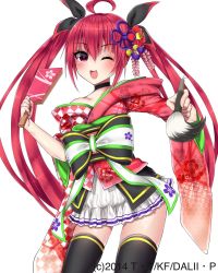 Rule 34 | 1girl, ;d, ahoge, bare shoulders, black choker, black thighhighs, blush, bow, choker, contrapposto, date a live, floral print, flower, frilled skirt, frills, furisode, hair flower, hair ornament, hair ribbon, highres, itsuka kotori, japanese clothes, kimono, kimono skirt, long hair, long sleeves, looking at viewer, new year, obi, off shoulder, one eye closed, open mouth, paintbrush, red eyes, red hair, ribbon, sash, skirt, smile, solo, standing, tamak0bt, thighhighs, twintails, very long hair, white background, wide sleeves, zettai ryouiki