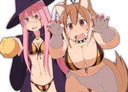 Rule 34 | 2girls, absurdres, animal costume, animal ears, antenna hair, bell, bikini, blazblue, blush, breasts, brown eyes, brown hair, cat ears, cat tail, claws, cleavage, collar, curvy, animal collar, front-tie bikini top, front-tie top, glasses, gluteal fold, halloween costume, hat, highres, kokonoe (blazblue), large breasts, long hair, makoto nanaya, mirano, multicolored hair, multiple girls, nail polish, open mouth, pince-nez, pink hair, red eyes, short hair, small breasts, squirrel ears, squirrel tail, swimsuit, tail, two-tone hair, white background, wide hips, witch hat, wolf costume