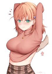 Rule 34 | 1girl, arms behind head, arrow (symbol), blush, breasts, brown skirt, closed mouth, clothes lift, commentary request, covered erect nipples, green eyes, hair ornament, heart, heart necklace, highres, hinoshita kaho, jewelry, large breasts, link! like! love live!, looking at viewer, love live!, necklace, orange hair, plaid, plaid skirt, red sweater, signature, simple background, skirt, solo focus, sweater, sweater lift, turtleneck, turtleneck sweater, unsfrau, white background
