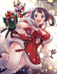 Rule 34 | 1girl, ahoge, argyle, argyle clothes, argyle cutout, armpits, azur lane, black gloves, boots, box, breasts, capelet, christmas, clothing cutout, cutout above navel, dress, fake antlers, fur-trimmed capelet, fur-trimmed gloves, fur boots, fur trim, gift, gift box, gloves, hair bobbles, hair ornament, hair rings, hairband, highres, knee boots, large breasts, long hair, looking at viewer, ning hai (azur lane), open mouth, panda, purple eyes, purple hair, red capelet, red dress, red footwear, santa boots, santa costume, santa dress, smile, solo, strapless, strapless dress, thighhighs, white hairband, white thighhighs, yuko (uc yuk)