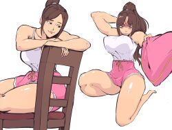 1girl angry breasts brown_hair casual chair covered_erect_nipples curvy fatal_fury female_focus half-closed_eyes holding holding_pillow large_breasts matching_hair/eyes muscular muscular_female official_alternate_costume pillow plow_(witch_parfait) ponytail shiranui_mai shirt shorts sitting solo the_king_of_fighters thick_thighs thighs white_shirt wide_hips