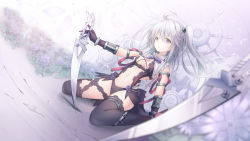 Rule 34 | 1girl, ahoge, black footwear, black gloves, black leotard, black thighhighs, blue flower, blurry, blurry background, blurry foreground, boots, bow, breasts, center opening, cleavage, closed mouth, commentary request, depth of field, dutch angle, flower, frills, gloves, hair between eyes, hair ornament, high heel boots, high heels, highres, holding, holding sword, holding weapon, iron saga, leotard, long hair, looking at viewer, matilda (iron saga), navel, one side up, purple bow, purple eyes, silver hair, small breasts, solo, sword, thigh boots, thighhighs, weapon