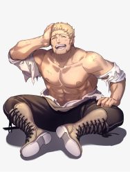 Rule 34 | 1boy, abs, blonde hair, boots, cross-laced footwear, dirty, dirty clothes, dirty face, closed eyes, fire emblem, fire emblem: three houses, full body, garreg mach monastery uniform, hand on own head, highres, laughing, looking at viewer, male focus, manly, moyashi mou2, muscular, nintendo, nipples, open mouth, pants, raphael kirsten, shadow, shirt, short hair, simple background, sitting, smile, solo, torn clothes, torn shirt, white background