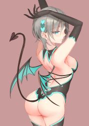 Rule 34 | 1girl, anastasia (idolmaster), arm behind head, armpits, arms up, ass, bare back, black gloves, black thighhighs, blue eyes, blush, breasts, cross, cross necklace, demon girl, demon tail, demon wings, earrings, elbow gloves, from behind, gloves, grey background, grey hair, hair between eyes, hair ornament, heart, heart earrings, heart hair ornament, highres, idolmaster, idolmaster cinderella girls, jewelry, leotard, medium breasts, necklace, parted lips, purple background, rum raisin (chihiromakita19), short hair, sideboob, sidelocks, simple background, sleeveless, smile, solo, tail, thighhighs, wings