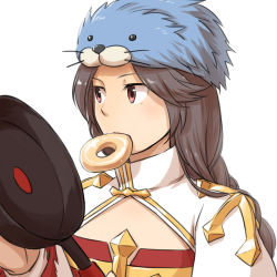Rule 34 | 1girl, arch bishop (ragnarok online), braid, braided ponytail, brown eyes, brown hair, cleavage cutout, clothing cutout, commentary request, cross, doughnut, dress, expressionless, food, food in mouth, frying pan, holding, holding frying pan, juliet sleeves, long hair, long sleeves, looking to the side, natsuya (kuttuki), puffy sleeves, ragnarok online, seal hat, simple background, solo, two-tone dress, upper body, white background, white dress