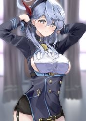 Rule 34 | 1girl, ako (blue archive), arms up, bad id, bad twitter id, bell, belt, black gloves, black hairband, black skirt, blue archive, blue hair, blue jacket, blurry, blurry background, blush, breasts, buttons, cowboy shot, double-breasted, garter straps, gloves, grey eyes, hairband, half gloves, halo, hasetsu (hasss0113), highres, jacket, large breasts, looking at viewer, neck bell, open clothes, open jacket, parted lips, shirt, sideboob, sidelocks, skirt, solo, white shirt