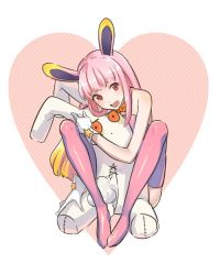 Rule 34 | 1girl, :d, animal ears, bare shoulders, bow, bowtie, fate/grand order, fate (series), heart, hinatsu, hug, knees up, long hair, open mouth, pink hair, pink thighhighs, rabbit ears, red eyes, riyo servant (bunnygirl) (fate), simple background, sitting, smile, solo, stuffed animal, stuffed rabbit, stuffed toy, thighhighs, white background