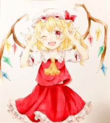 Rule 34 | 1girl, amaoto (pandora778), ascot, blonde hair, blush, collared shirt, cowboy shot, fang, flandre scarlet, frilled shirt collar, frilled skirt, frilled sleeves, frills, hair between eyes, happy, hat, hat ribbon, highres, looking at viewer, marker (medium), medium hair, mob cap, multicolored wings, one eye closed, one side up, puffy short sleeves, puffy sleeves, red eyes, red ribbon, red vest, ribbon, shirt, short sleeves, skirt, skirt set, sleeve ribbon, solo, touhou, traditional media, vest, white background, white headwear, white shirt, wings, yellow ascot