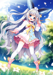 Rule 34 | 1girl, :d, ahoge, animal ear fluff, animal ears, beret, blue eyes, blue sky, boots, bow, cloud, commentary request, day, dress, fang, frilled dress, frills, grey hair, hand up, hat, long hair, long sleeves, looking at viewer, mauve, multicolored hair, open mouth, original, outdoors, petals, pink footwear, pink sailor collar, sailor collar, sailor dress, sky, sleeves past wrists, smile, solo, thighhighs, thighhighs under boots, tree, two-tone hair, very long hair, white dress, white hat, white thighhighs, yellow bow