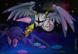 Rule 34 | bat wings, battle, feathered wings, galacta knight, galaxia (sword), holding, holding sword, holding weapon, kirby (series), kirby super star ultra, looking at another, mask, meta knight, mikoto-tsuki, nintendo, no humans, shield, star (sky), star (symbol), sword, weapon, wings