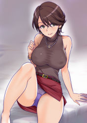 Rule 34 | 1girl, belt, black shirt, bracelet, breasts, brown hair, clothes lift, commentary request, covered erect nipples, earrings, green eyes, jewelry, knee up, large breasts, legs, miniskirt, mitarashi kousei, necklace, no bra, original, panties, purple panties, red skirt, shirt, short hair, sitting, skirt, skirt lift, sleeveless, sleeveless shirt, smile, solo, spread legs, thighs, underwear, upskirt