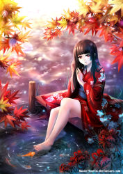 Rule 34 | 1girl, autumn leaves, bare legs, barefoot, blunt bangs, brown hair, copyright name, feet, fish, floral print, flower, goldfish, hands in hair, highres, japanese clothes, kazeo-yuurin, kimono, long hair, looking at viewer, original, red eyes, signature, sitting, soaking feet, solo, water