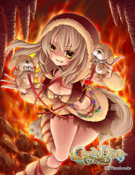 Rule 34 | 1girl, breasts, chrono dios, clenched teeth, copyright name, doll, highres, large breasts, light brown hair, looking at viewer, medium hair, lava, navel, official art, smile, solo, stuffed animal, stuffed dog, stuffed toy, takamiya ren, teeth, yellow eyes